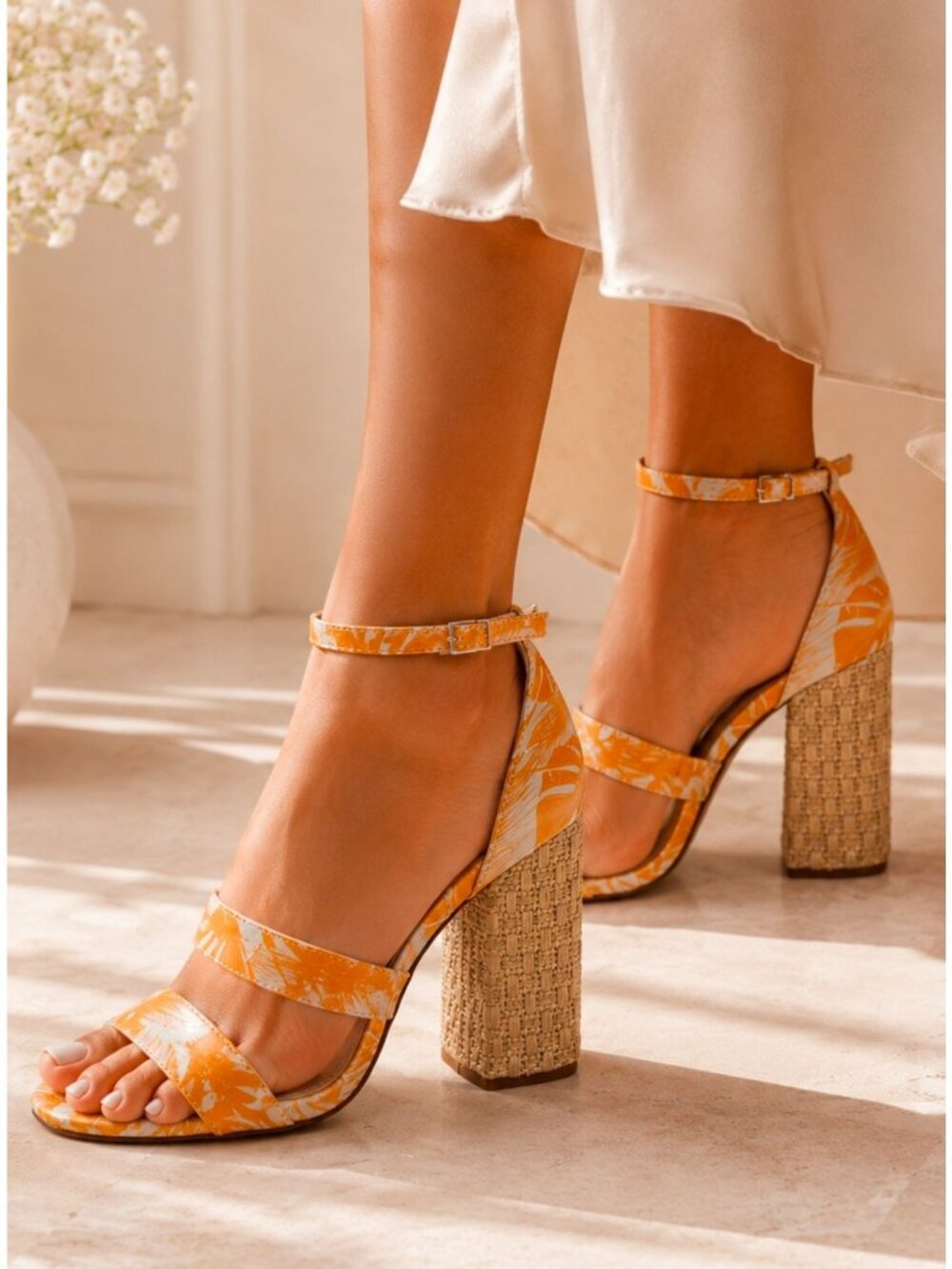 Orange Palm-Print Block Heel Sandals With Cork Texture & Adjustable Ankle Strap
